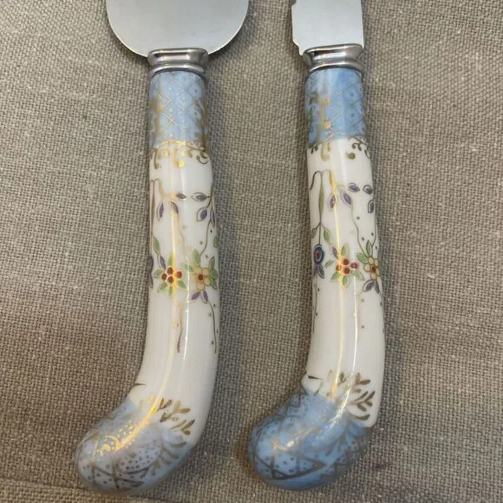 Sheffield England Stainless Cheese Knife &‎ Spreader Porcelain Handles Vintage